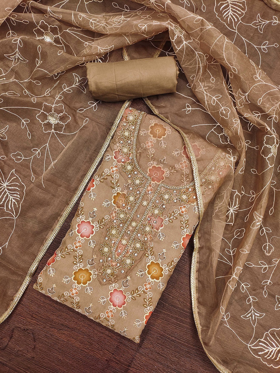 

SAINOOR Embroidered Organza Semi-Stitched Dress Material, Coffee brown