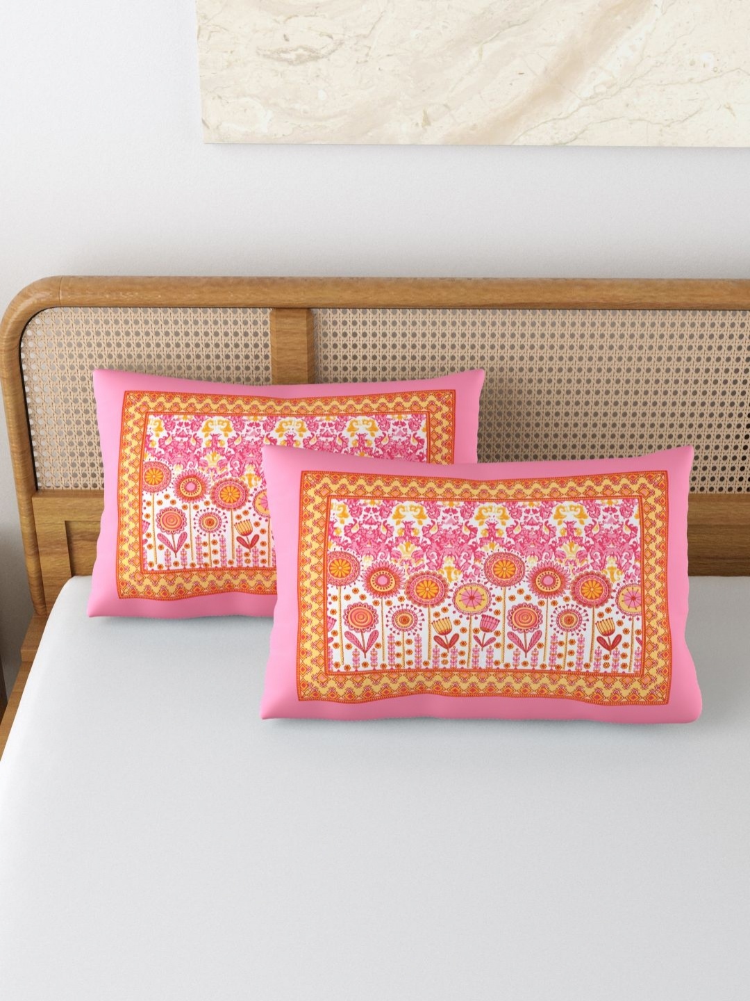 

BLOCKS OF INDIA Pink & White 2 Pieces Printed Pure Cotton Rectangle Pillow Covers