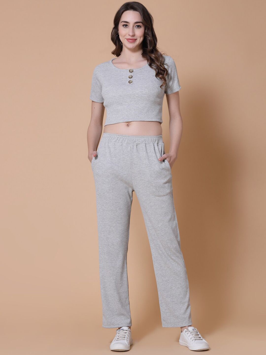 

DressBerry Round Neck Crop Top With Trousers, Grey