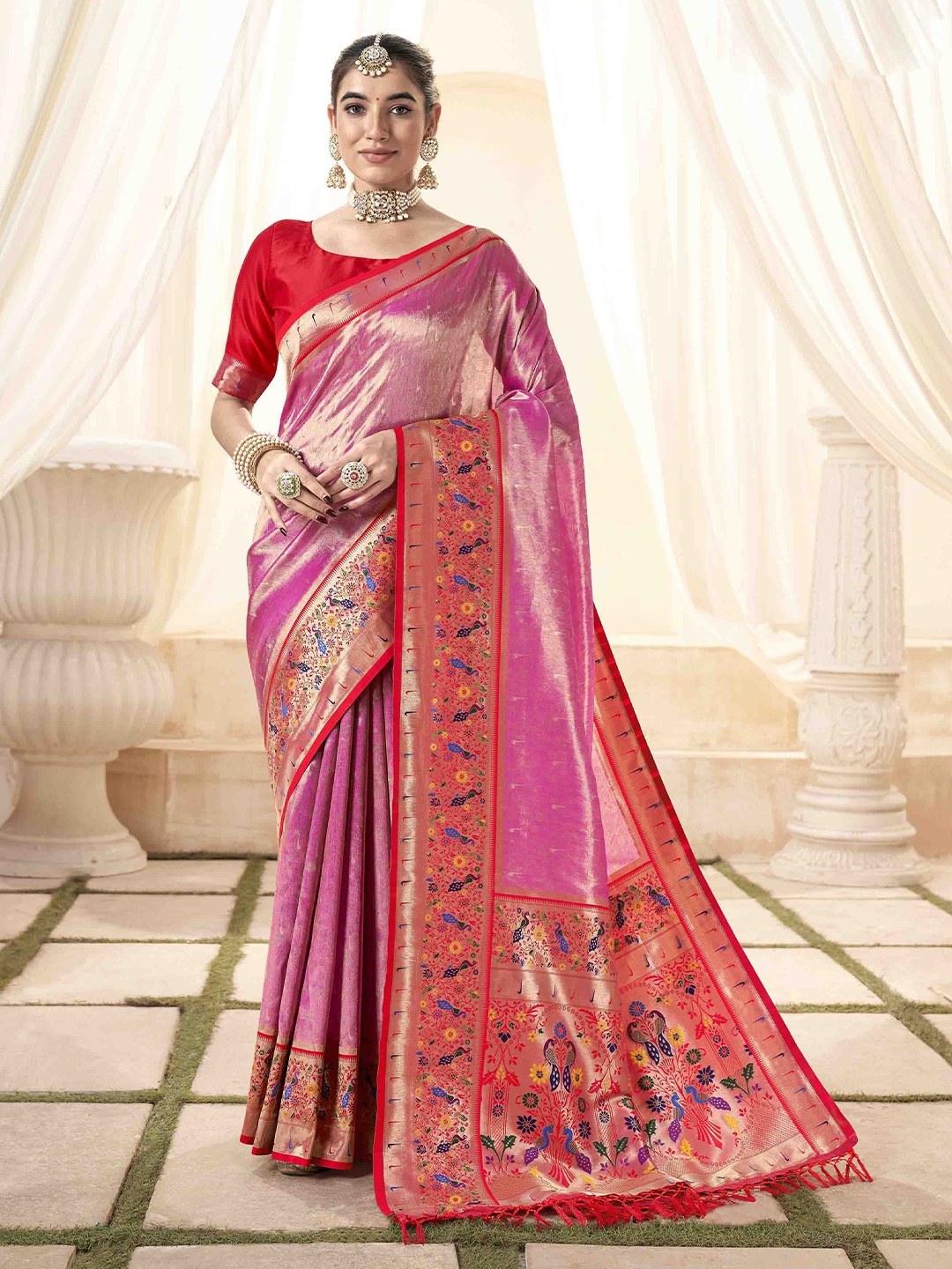

KIMISHA Woven Design Zari Silk Blend Paithani Saree, Pink