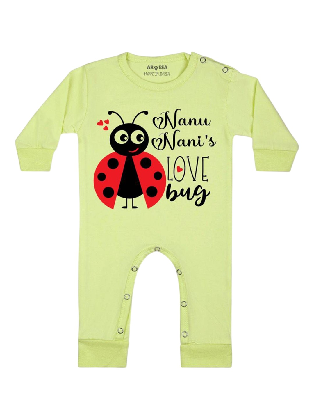 

Arvesa Kids Nanu Nani Love Bug Printed Baby Romper, Yellow
