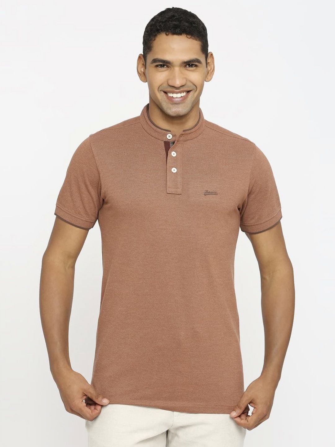 

Basics Men Polo Collar Pockets Slim Fit T-shirt, Brown