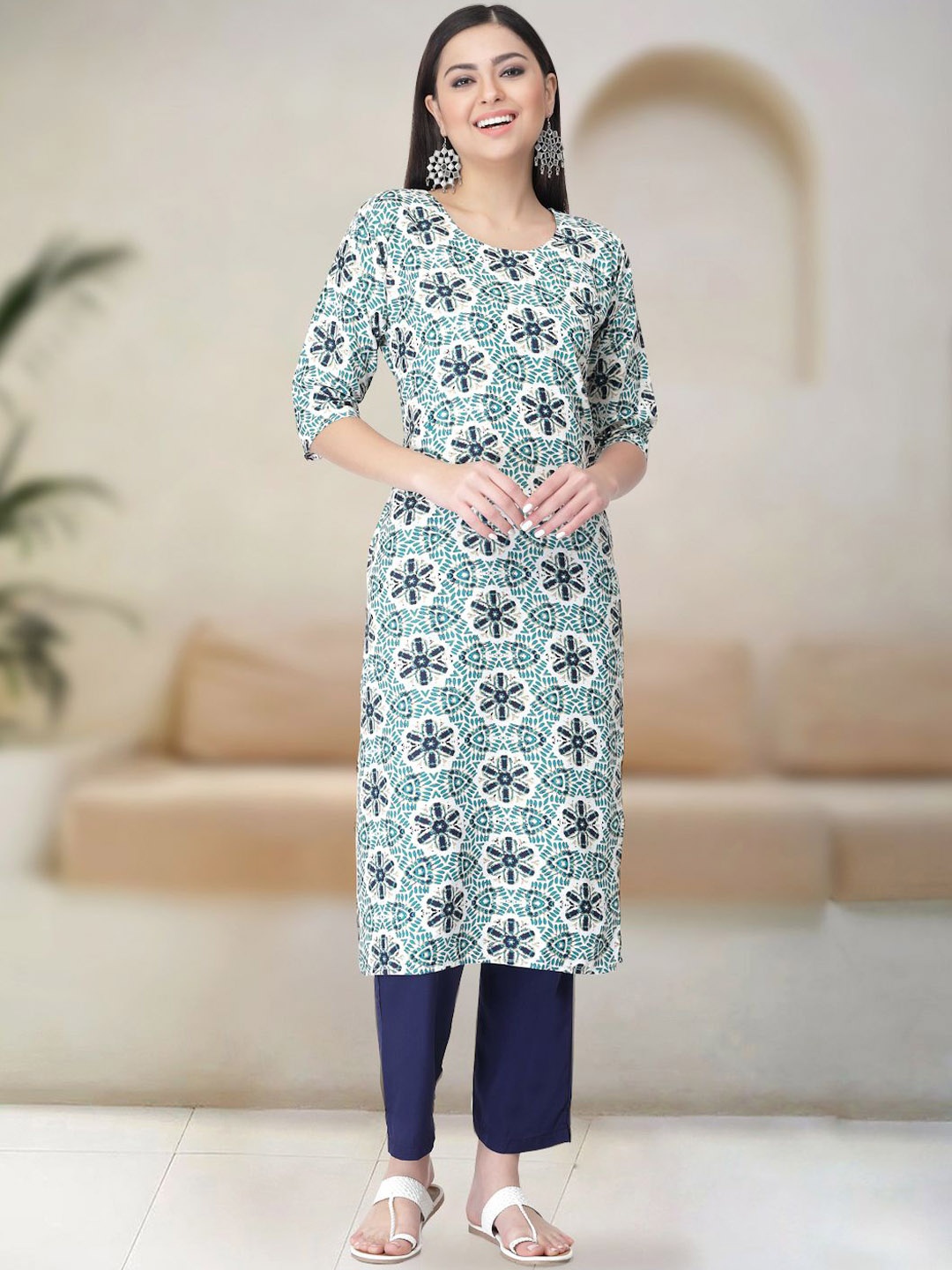 

Moda Rapido Blue & White Floral Printed Straight Kurta with Trousers