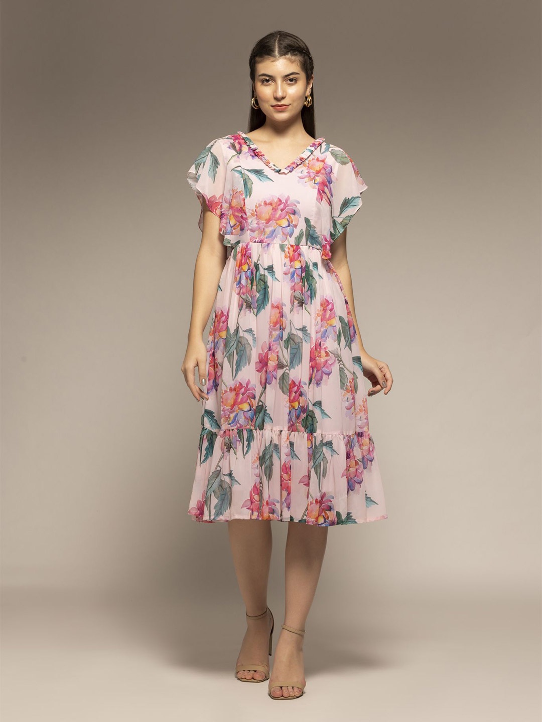 

CORSICA Floral Print Flutter Sleeve Georgette A-Line Maxi Dress, Pink