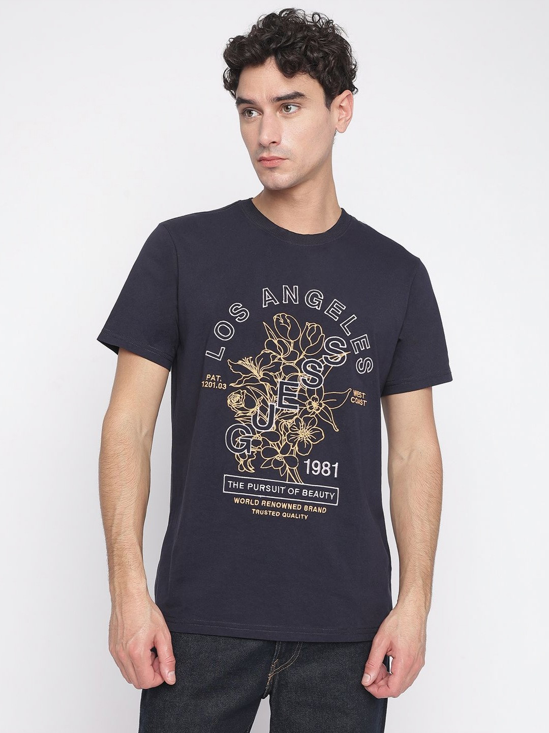

GUESS Men Typography Printed Round Neck Cotton T-shirt, Navy blue