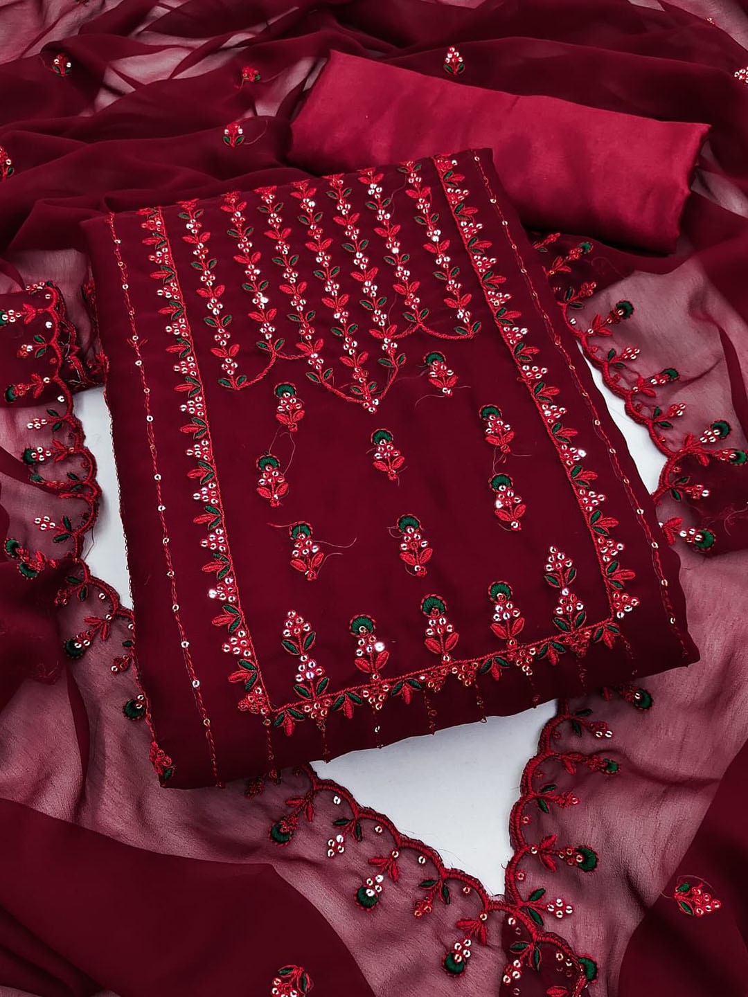 

Rangtulika Sequinned Embroidered Georgette Unstitched Dress Material, Red