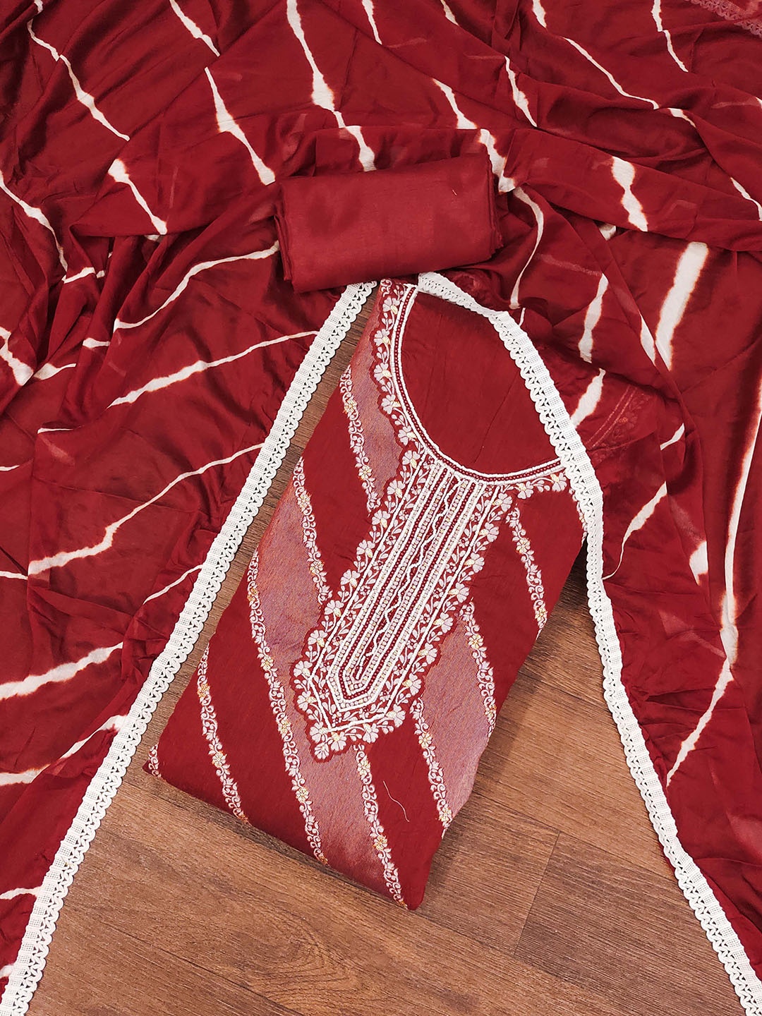 

SAINOOR Floral Embroidered Banrashi Silk Semi-Stitched Dress Material, Red