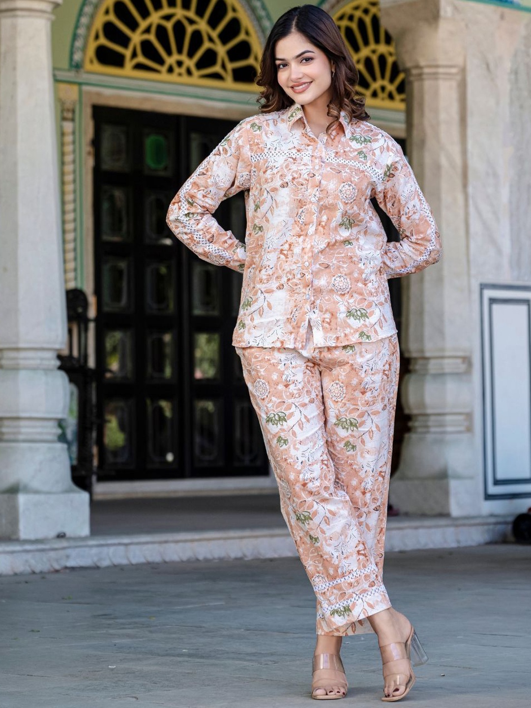 

SAADGEE Cotton Printed Shirt & Trousers Co-Ords Set, Peach