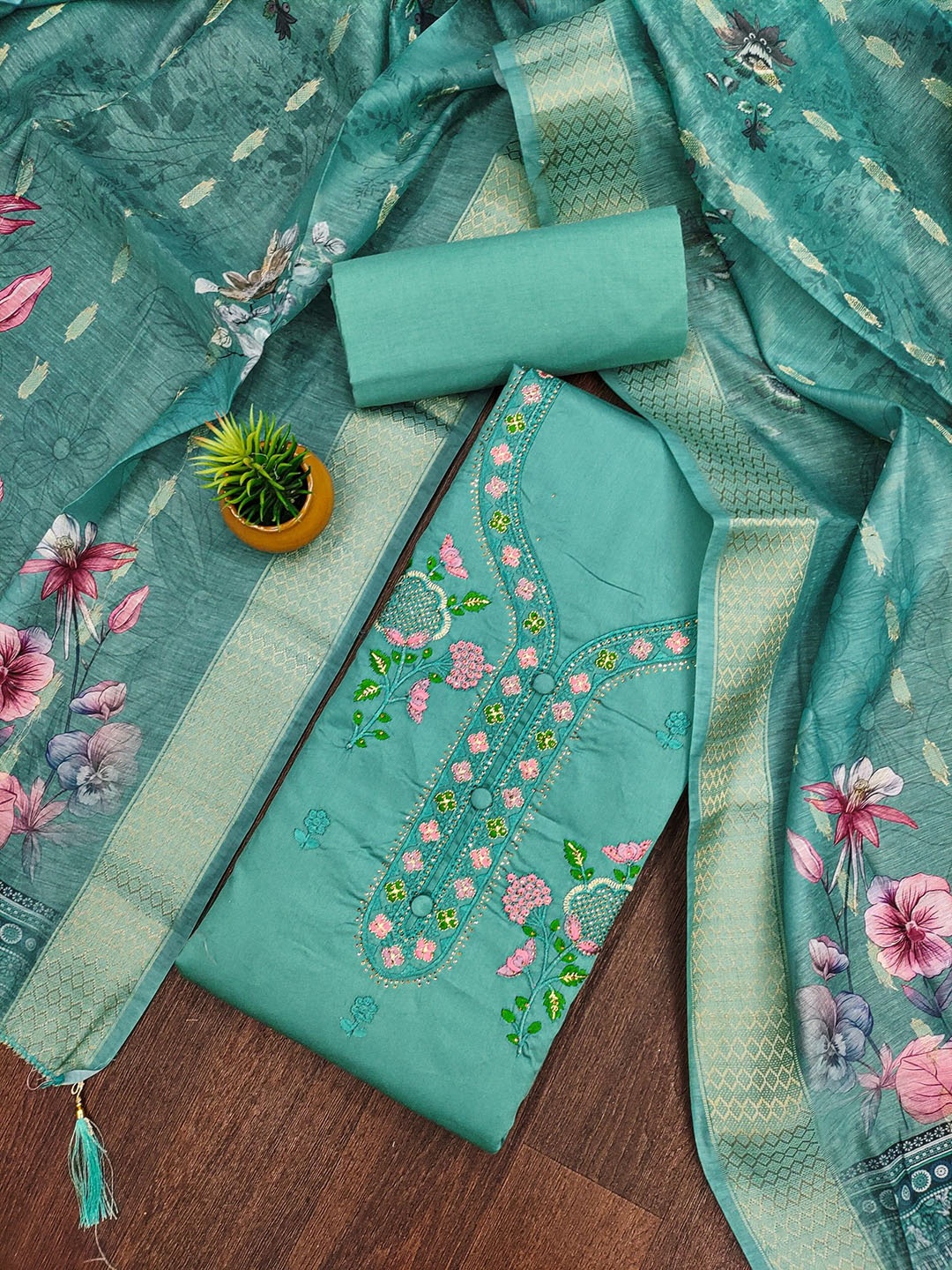

Rangtulika Floral Embroidered Beads And Stones Cotton Unstitched Dress Material, Green