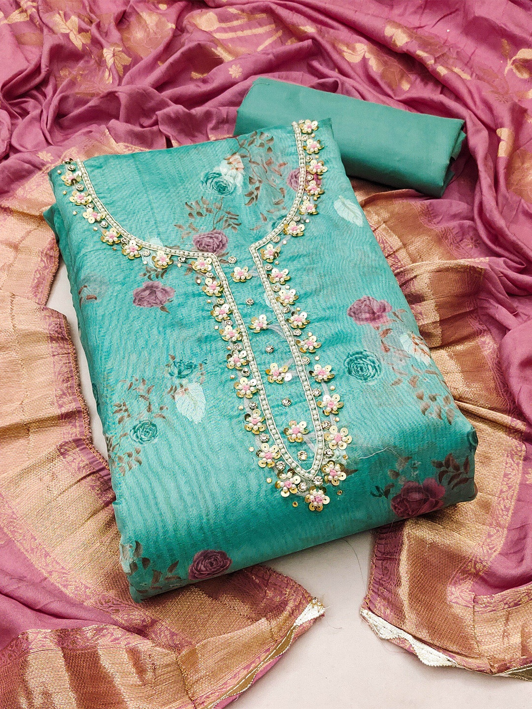 

SAINOOR Organza Semi-Stitched Dress Material, Sea green
