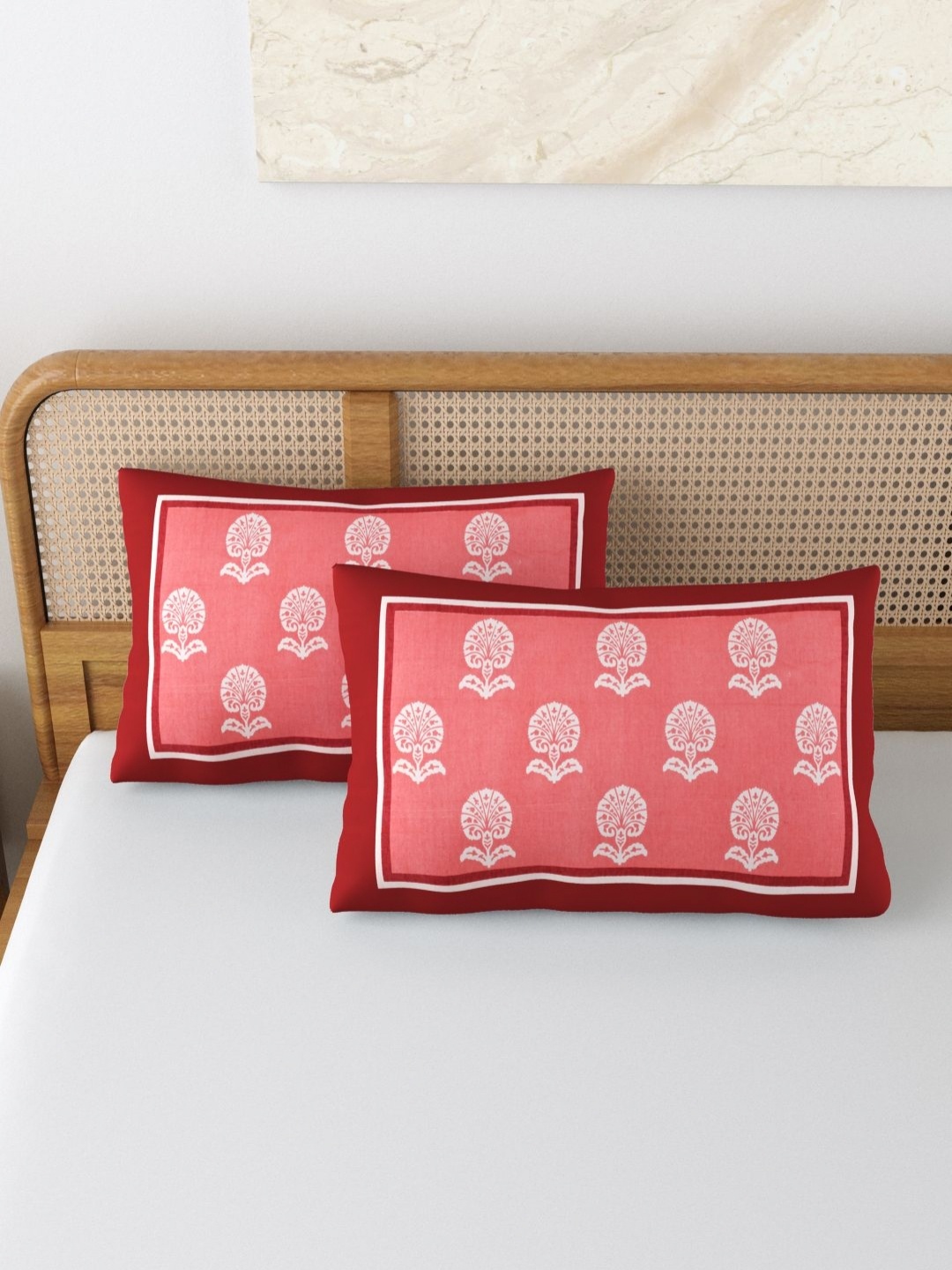 

BLOCKS OF INDIA Red & White 2 Pieces Printed Pure Cotton Rectangle Pillow Covers