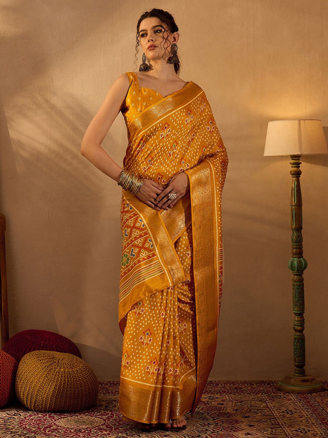 

Mitera Woven Design Silk Blend Sungudi Saree, Mustard