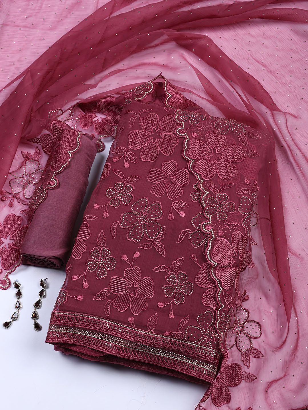 

Meena Bazaar Floral Embroidered Beads and Stones Organza Unstitched Dress Material, Pink