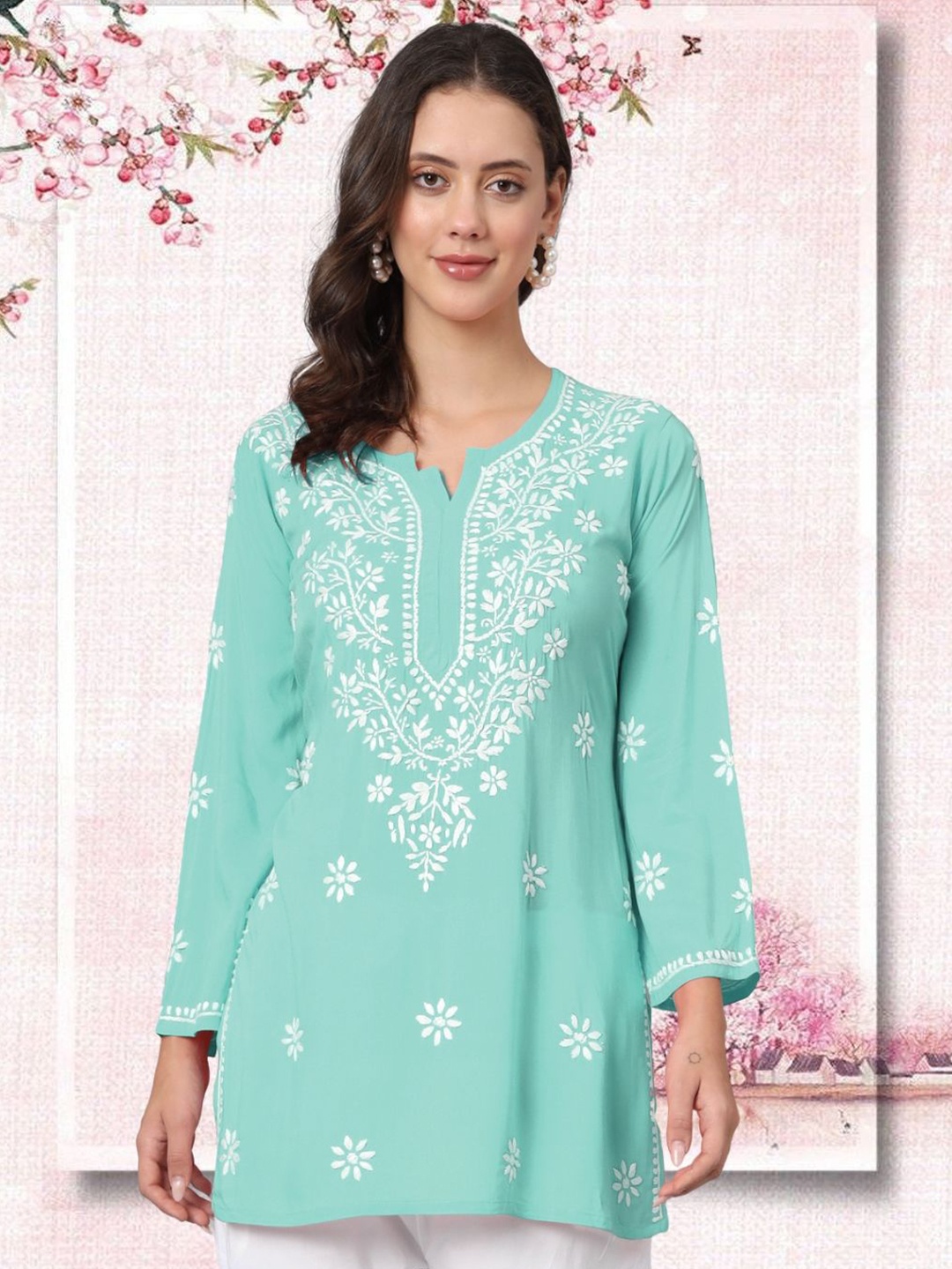 

PARAMOUNT CHIKAN Ethnic Motifs Embroidered Chikankari Modal Chikankari Kurti, Sea green