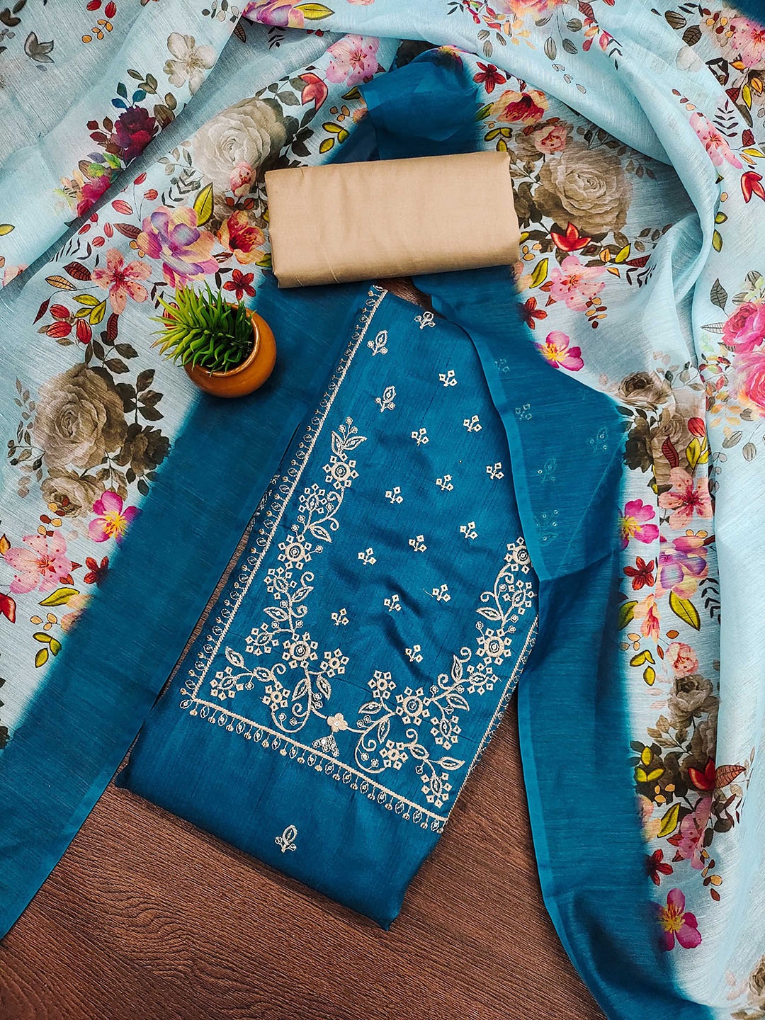 

MANVAA Embellished Unstitched Dress Material, Teal