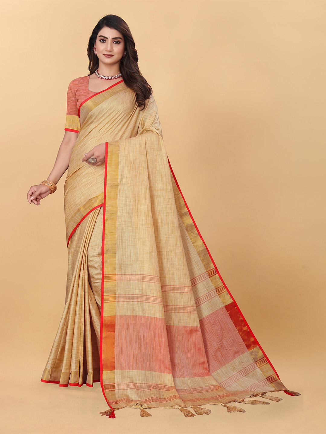 

MAGNEITTA Woven Design Zari Silk Cotton Saree, Beige