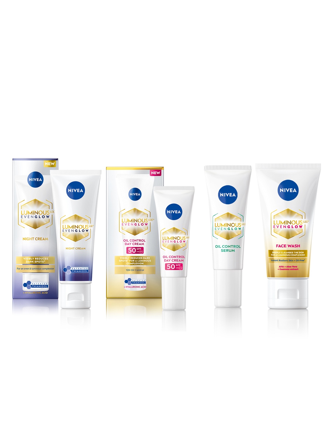 

Nivea Luminous Even Glow Combo - Day 10ml + Night Cream 40ml + Serum 10ml + Face Wash 50ml, White