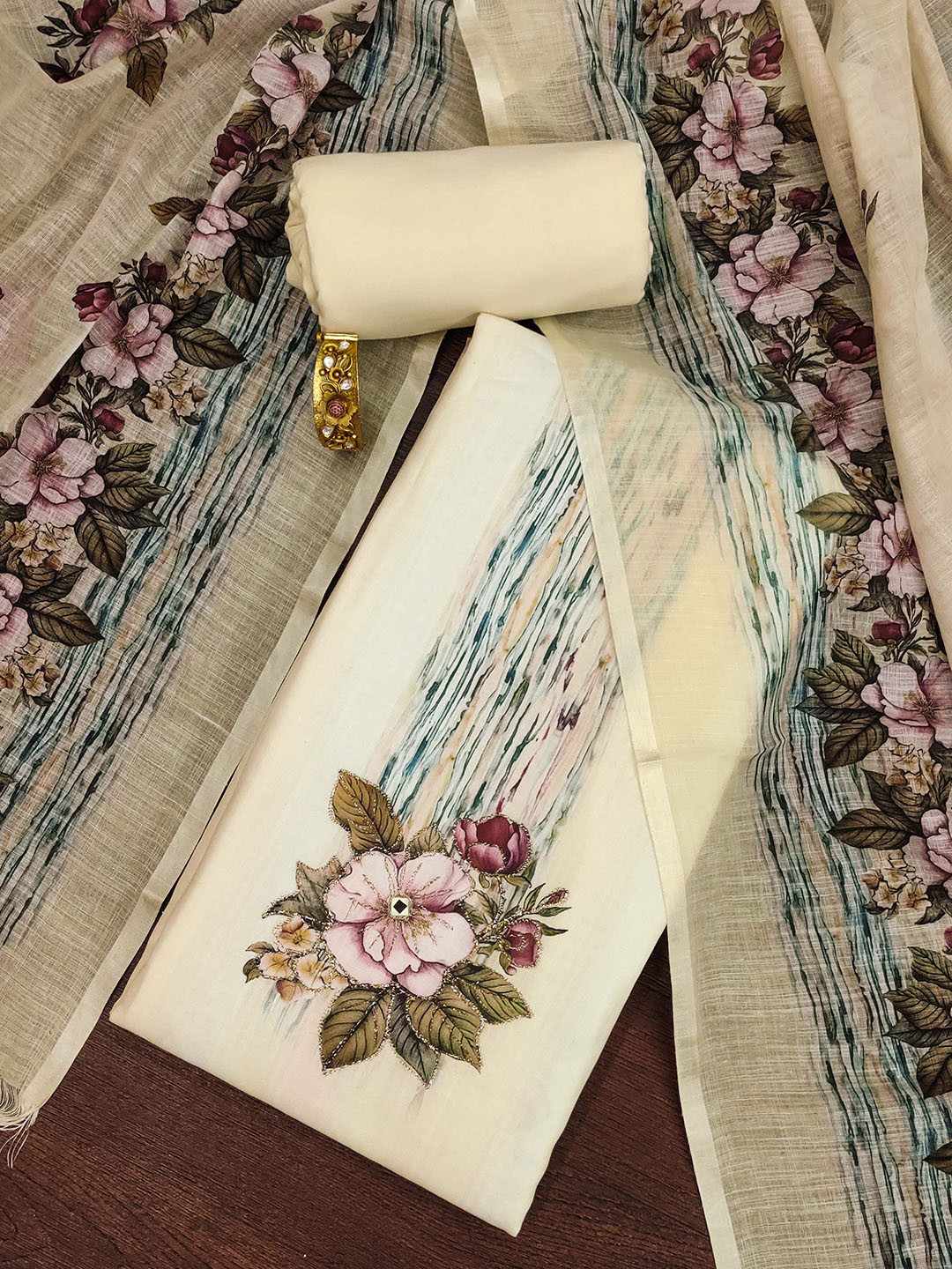 

SAINOOR Floral Printed Pure Cotton Unstitched Dress Material, Off white