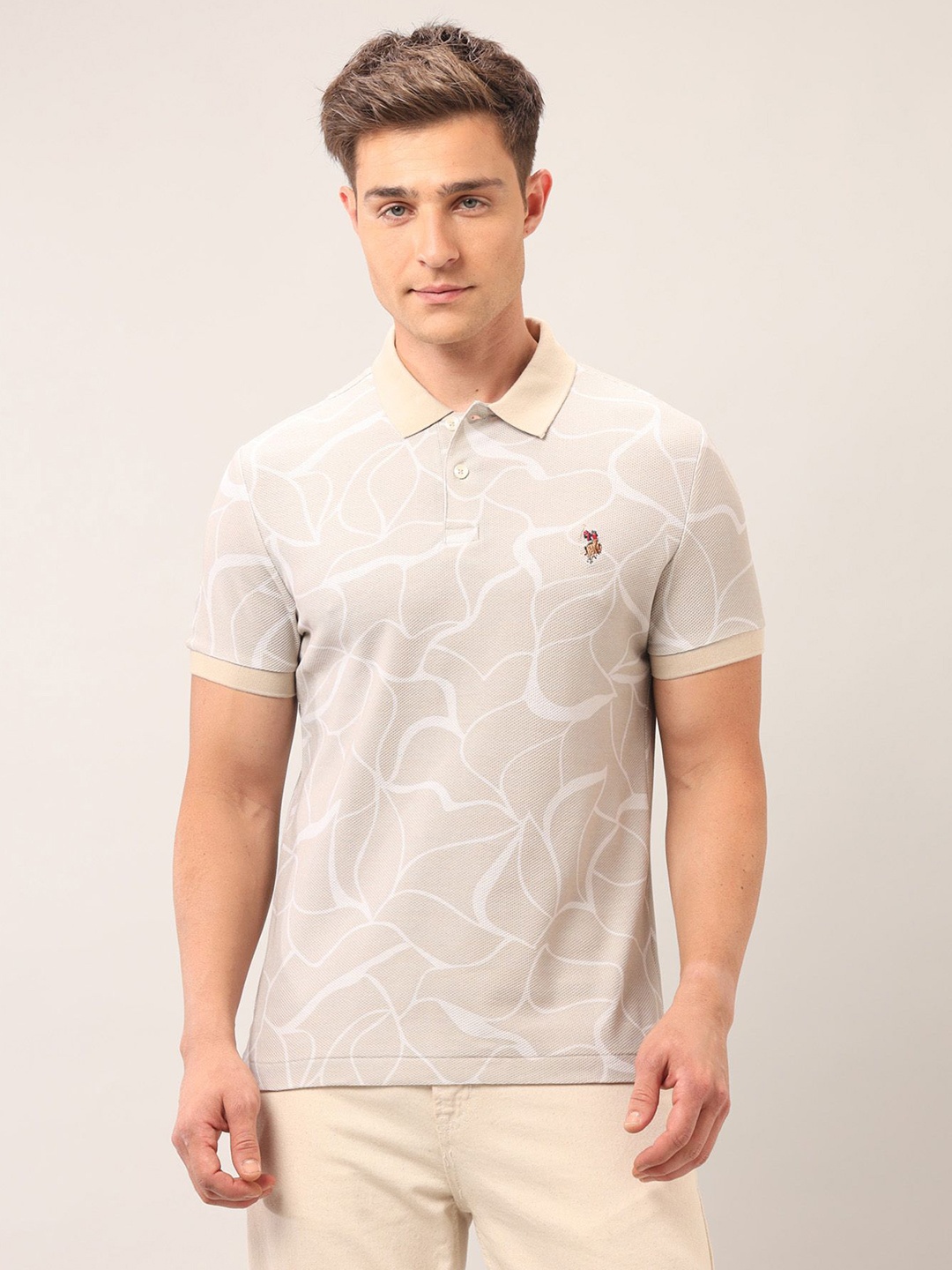 

U.S. Polo Assn. Denim Co. Men Printed Polo Collar Pockets Slim Fit T-shirt, Beige