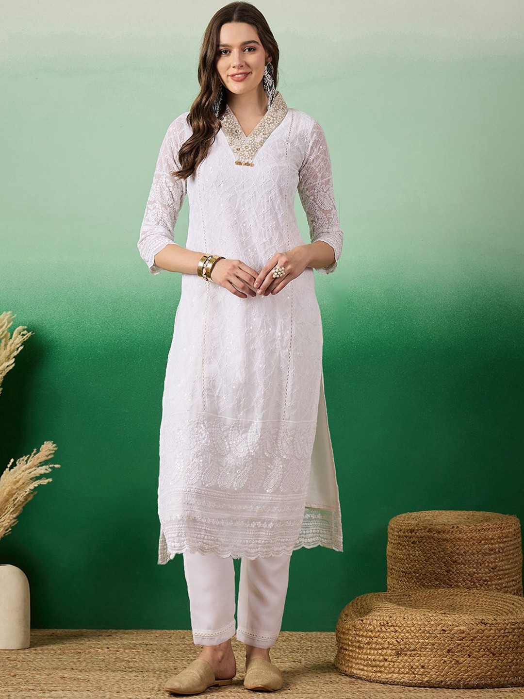 

Sangria Floral Embroidered V-Neck Sequinned Georgette Straight Kurta & Trouser, White