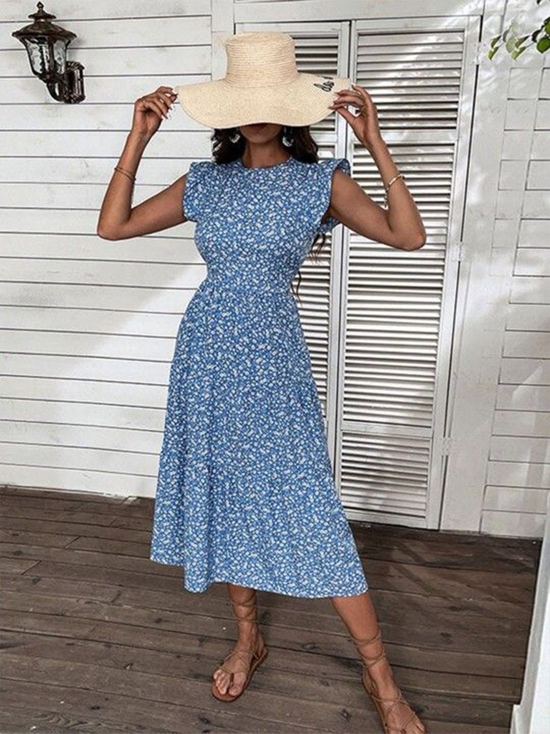 

HERE&NOW Floral Print Flutter Sleeve Fit & Flare Midi Dress, Blue