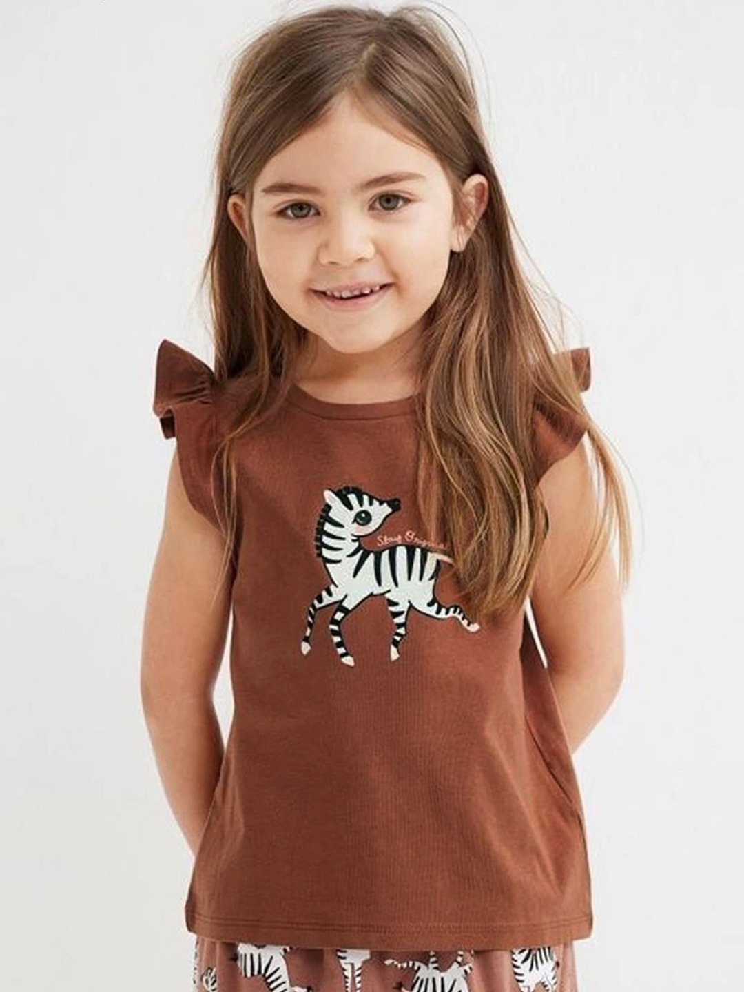 

LULU & SKY Print Flutter Sleeve Cotton Top, Brown