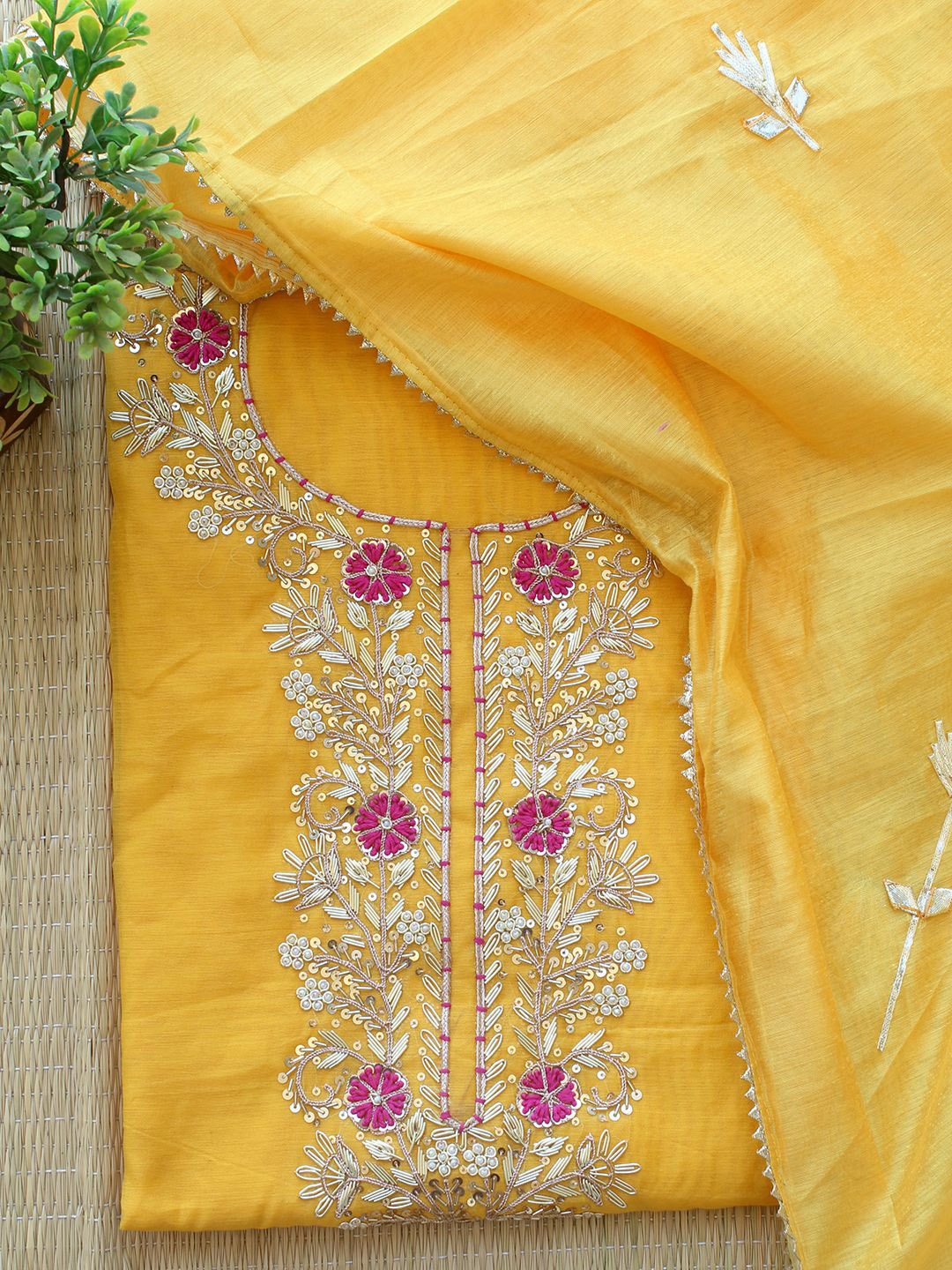 

Weaves of Tradition Floral Embroidered Unstitched Dress Material, Yellow