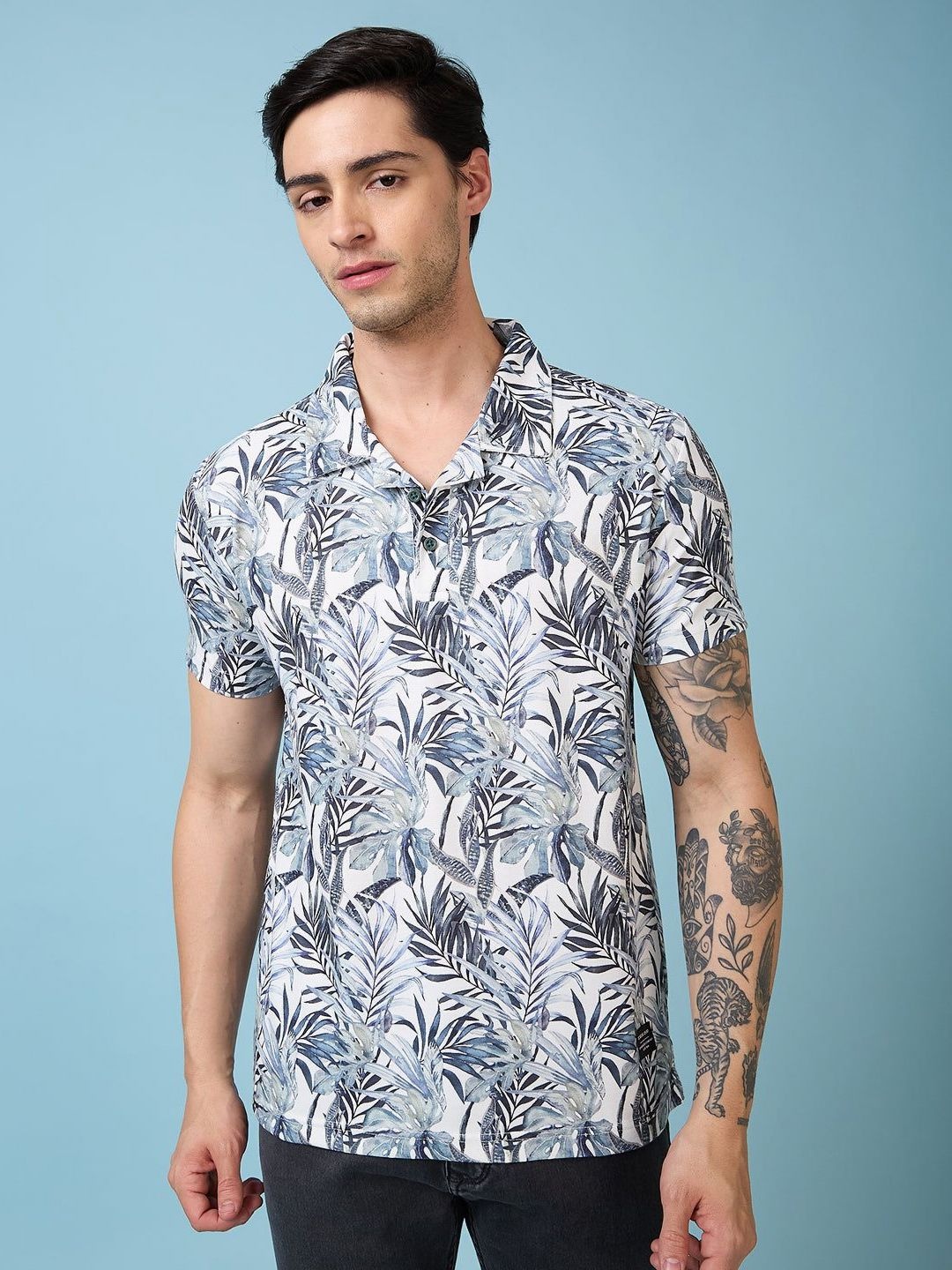 

Status Quo Men Floral Printed Polo Collar Regular Fit T-shirt, White