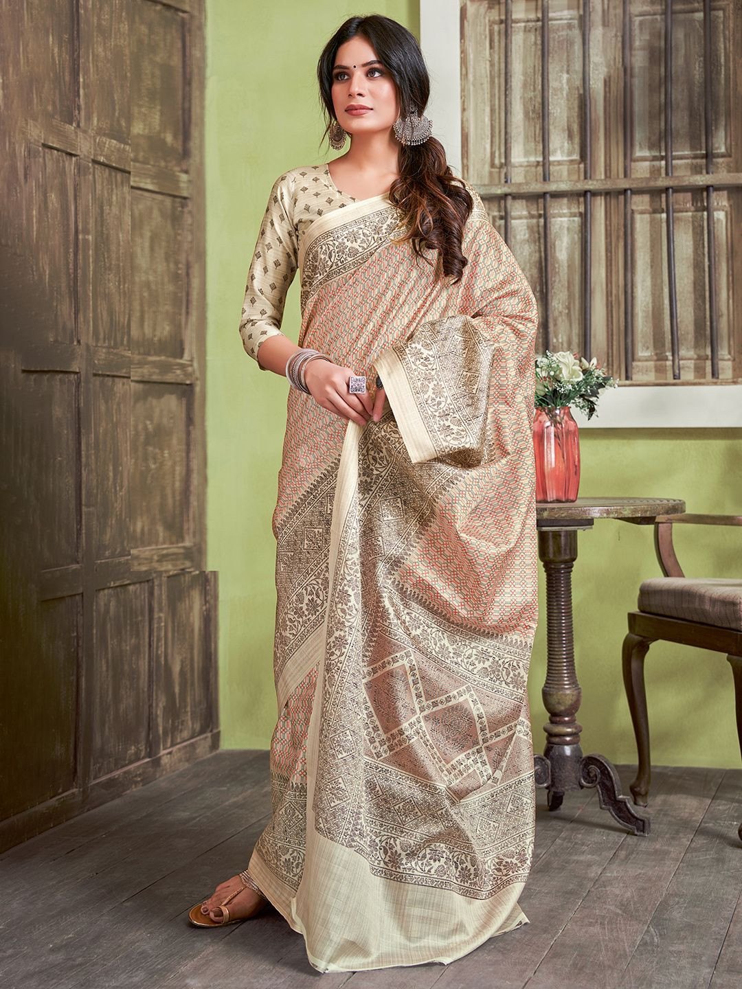 

Mitera Floral Silk Cotton Bagru Saree, Beige