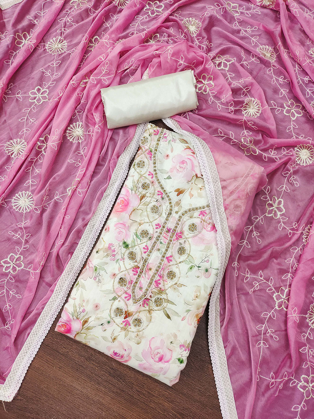 

SAINOOR Floral Beads and Stones Embroidered Semi-Stitched Dress Material, White