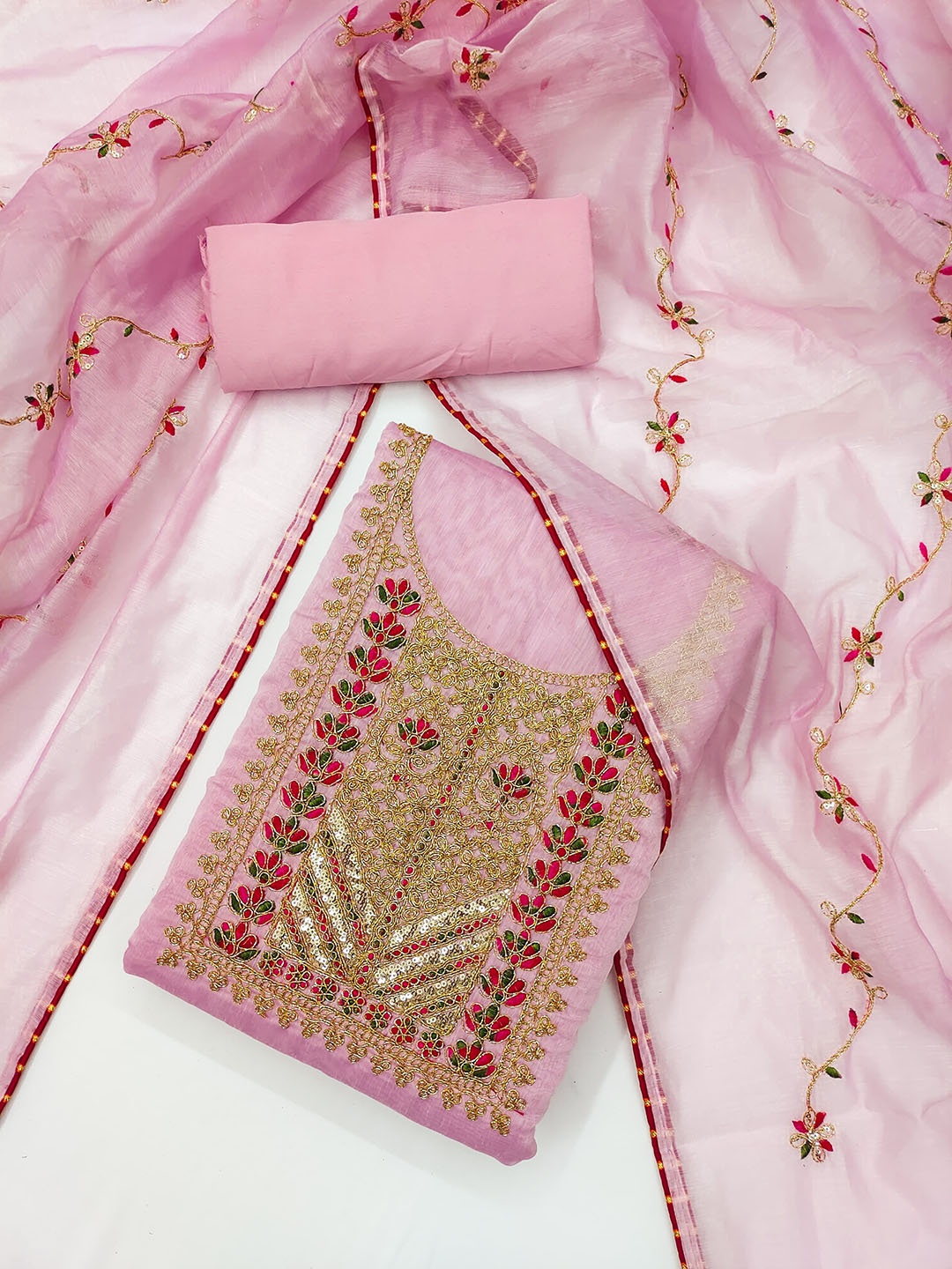 

Rangtulika Zari Floral Embroidered Chanderi Silk Unstitched Dress Material, Pink