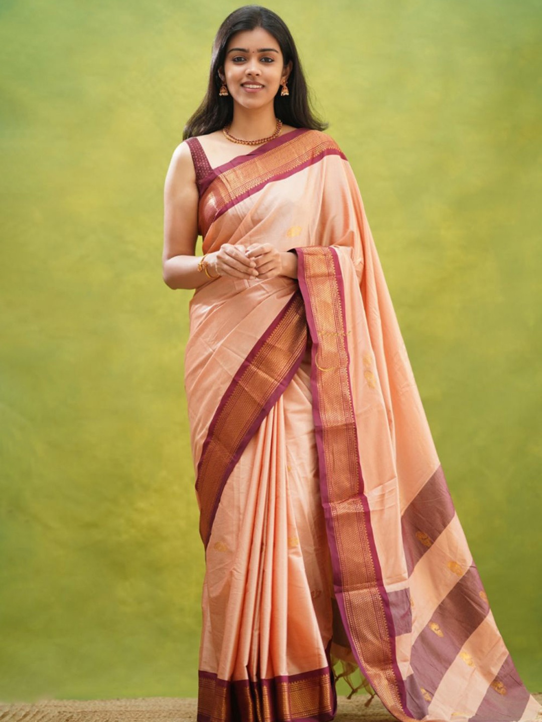 

SILKWEAR Zari Silk Cotton Kanjeevaram Saree, Peach