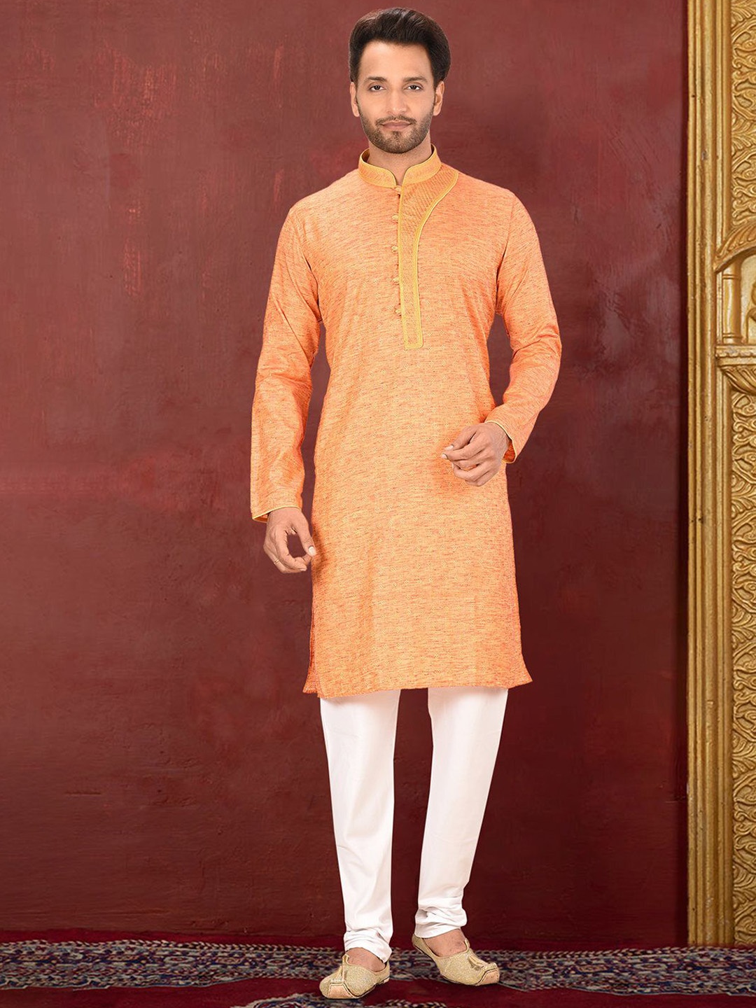 

RANAK Geometric Woven Design Mandarin Collar Straight Kurta, Orange