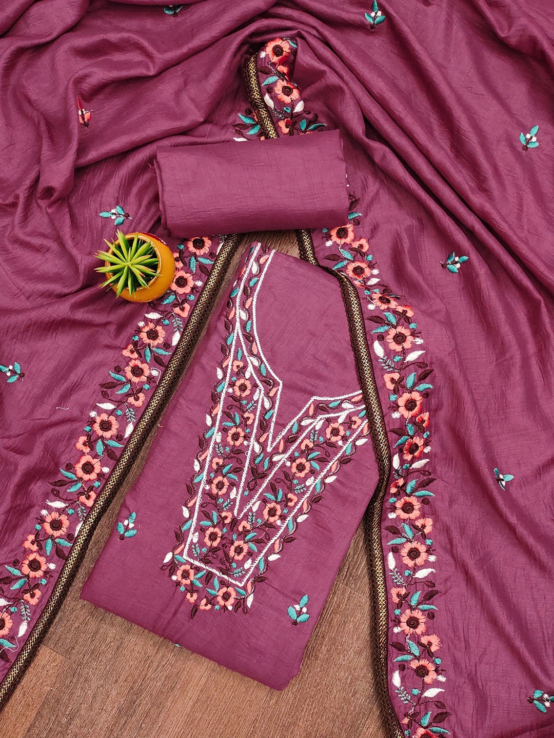 

Rangtulika Ethnics Embroidered Unstitched Dress Material, Pink