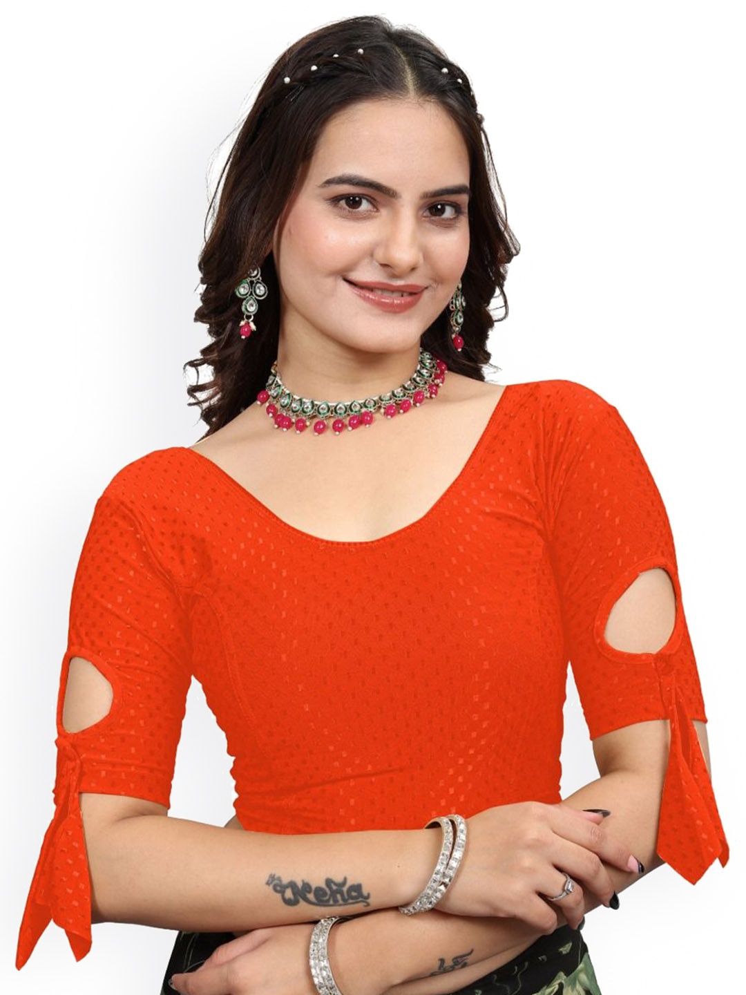 

SS Sanket Synthetics Self Design Stretchable Saree Blouse, Orange