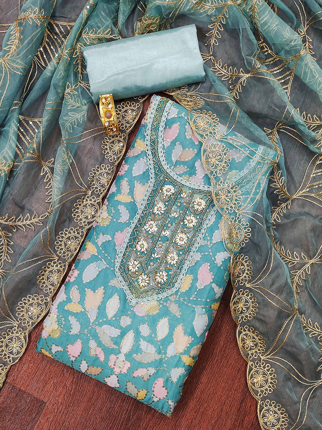 

SAINOOR Floral Embroidered Organza Unstitched Dress Material, Teal