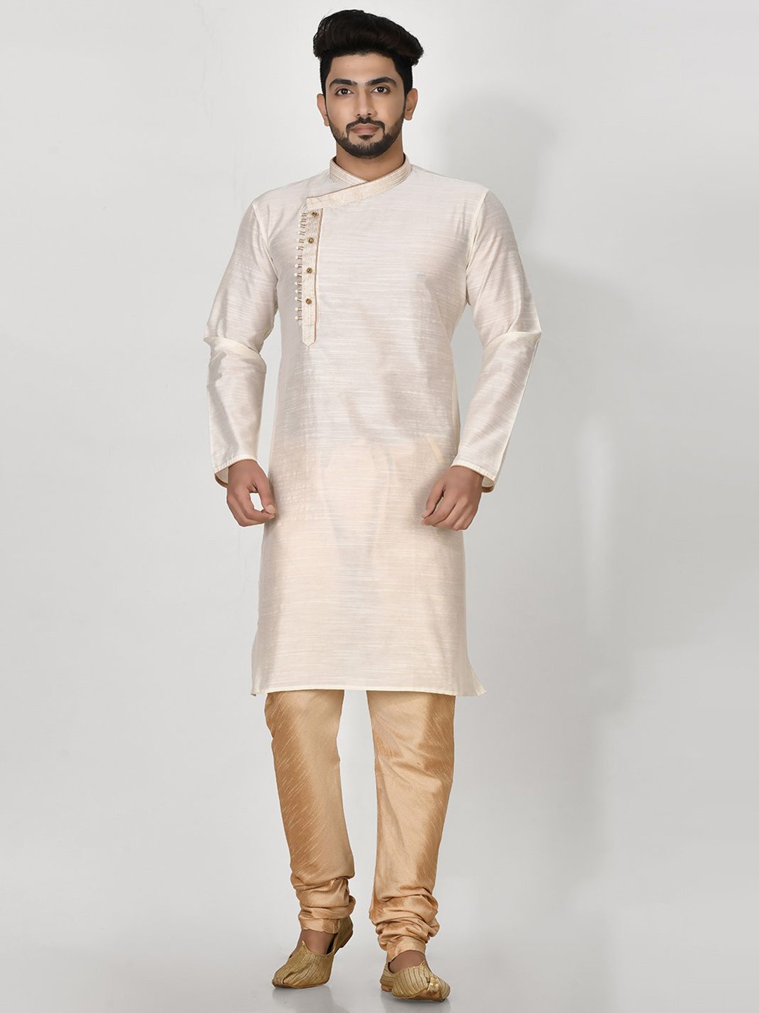 

RANAK Thread Work Mandarin Collar Art Silk Straight Kurta, White