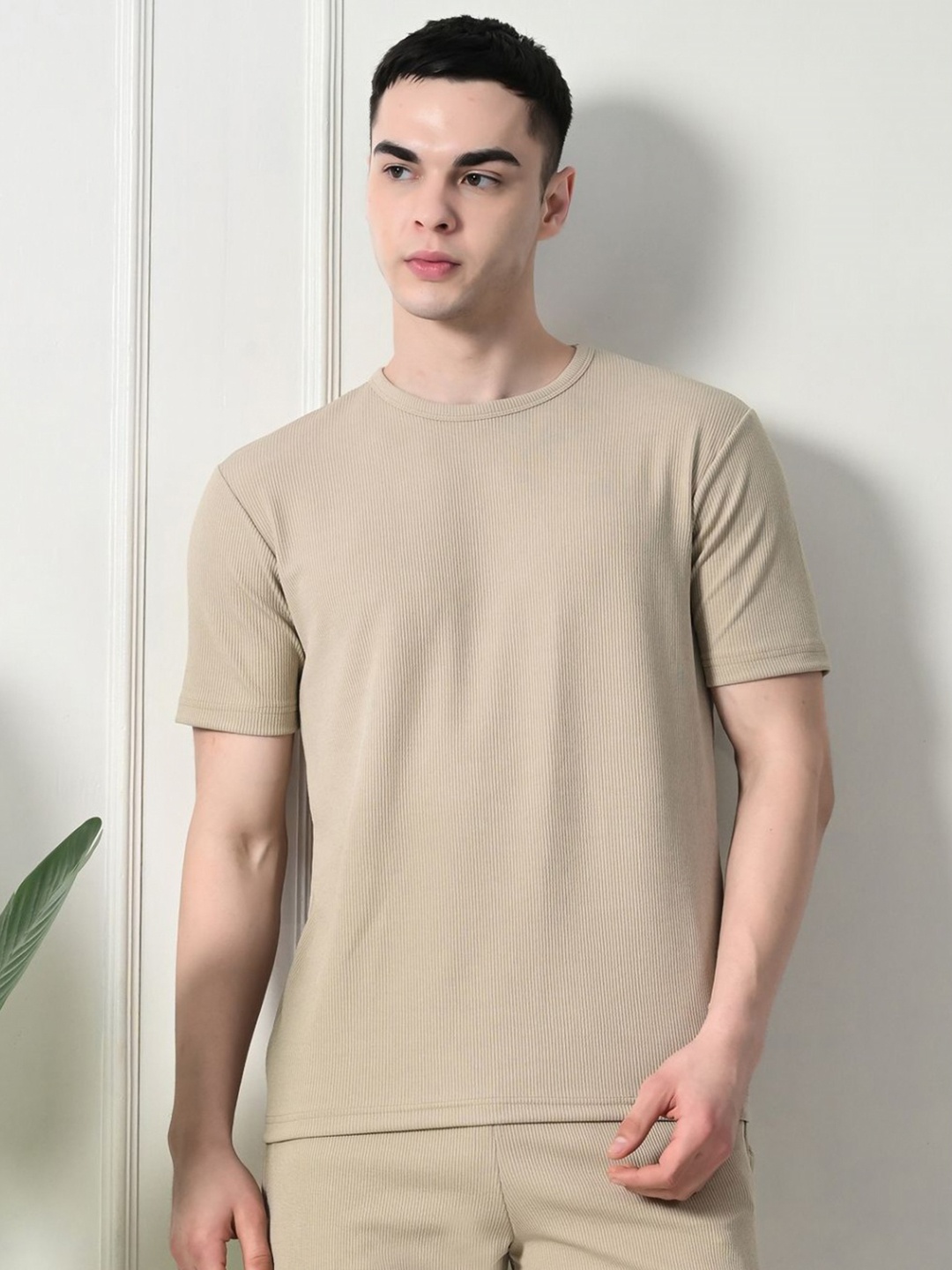 

Moda Rapido Men Solid Round Neck T-shirt, Beige