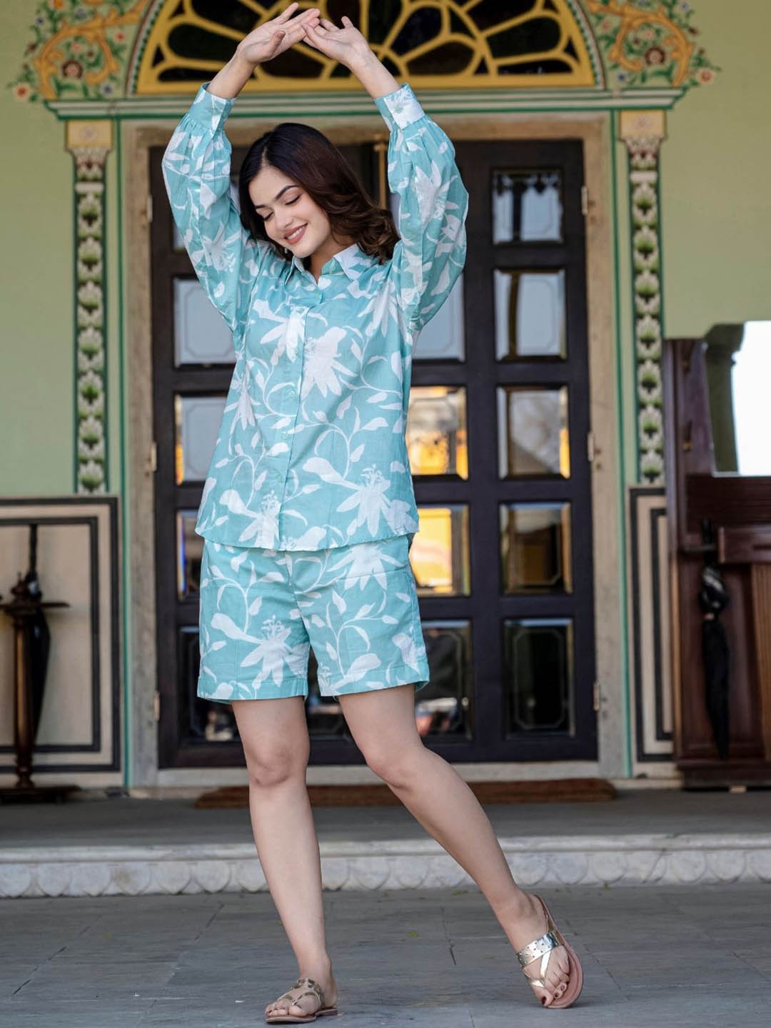 

SAADGEE Cotton Printed Shirt & Shorts Co-OrdsSet, Sea green