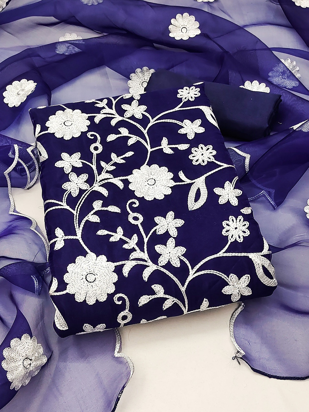 

SAINOOR Floral Zari Embroidered Organza Unstitched Dress Material, Blue