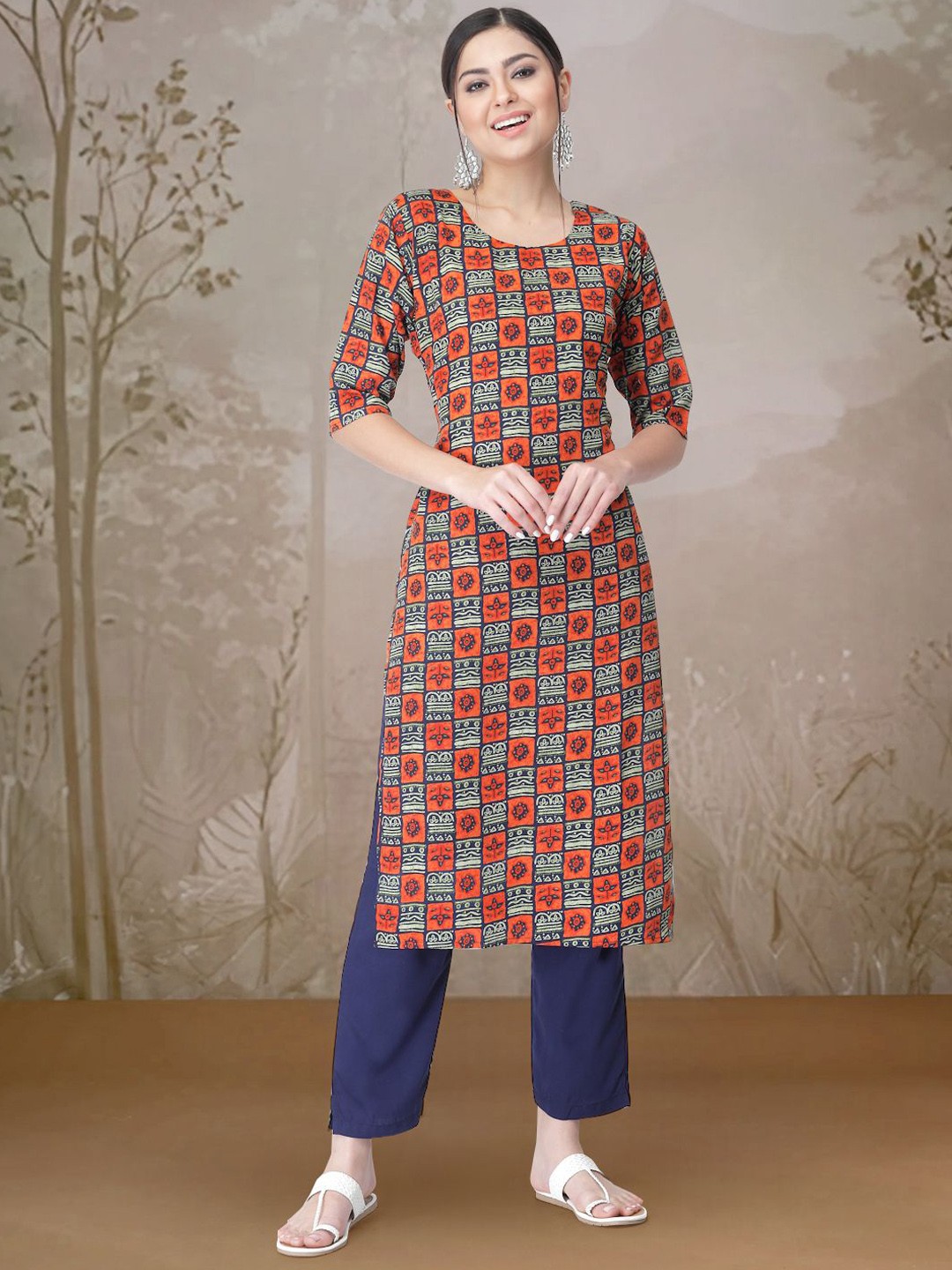 

Moda Rapido Geometric Printed Straight Kurta with Trousers, Orange