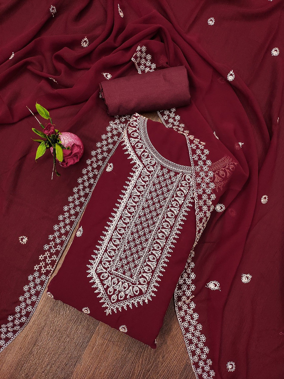 

Rangtulika Floral Embroidered Unstitched Dress Material, Maroon