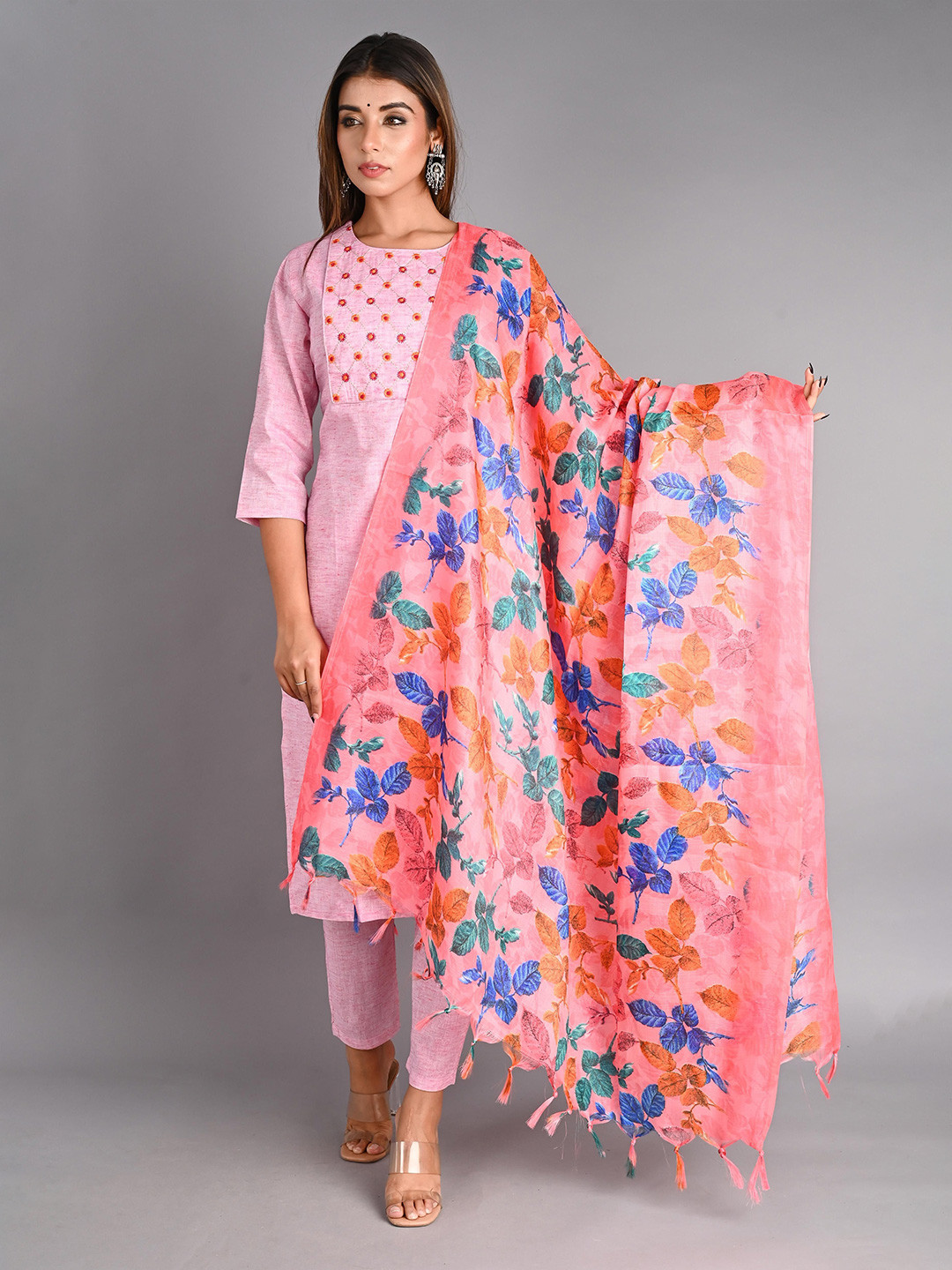 

The Hope Embroidered Pure Cotton Kurta With Trousers & Dupatta, Pink