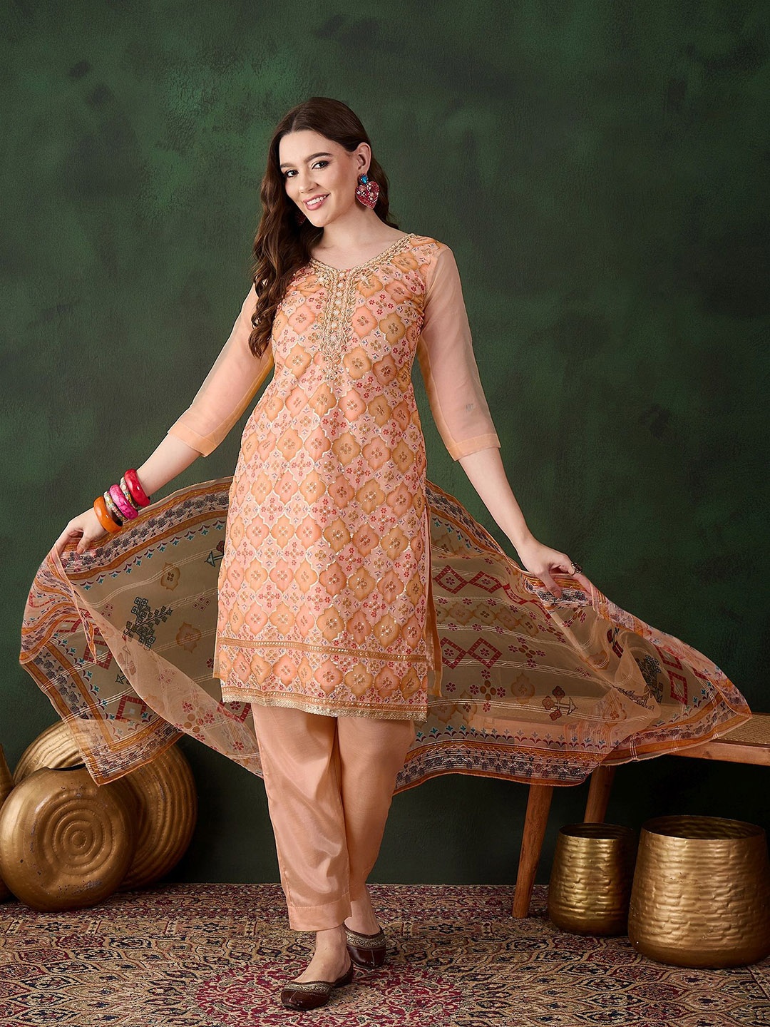

SAINOOR Floral Embroidered Sequined Organza Semi-Stitched Dress Material, Orange