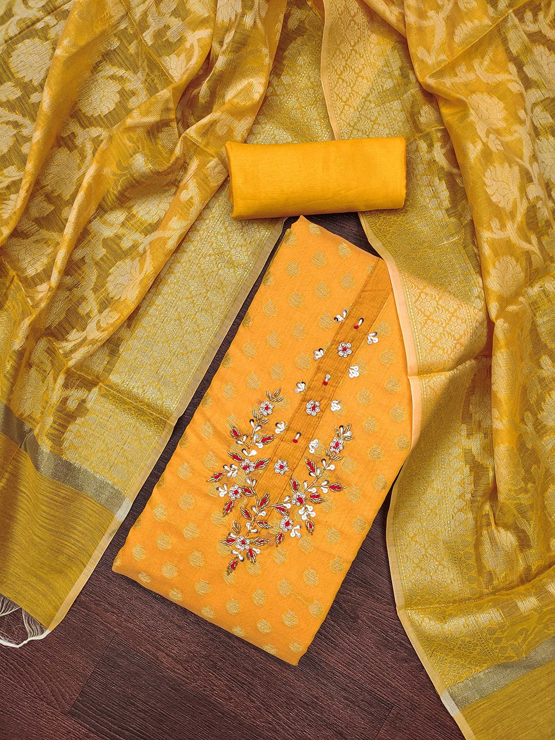 

MANVAA Embellished Unstitched Dress Material, Mustard