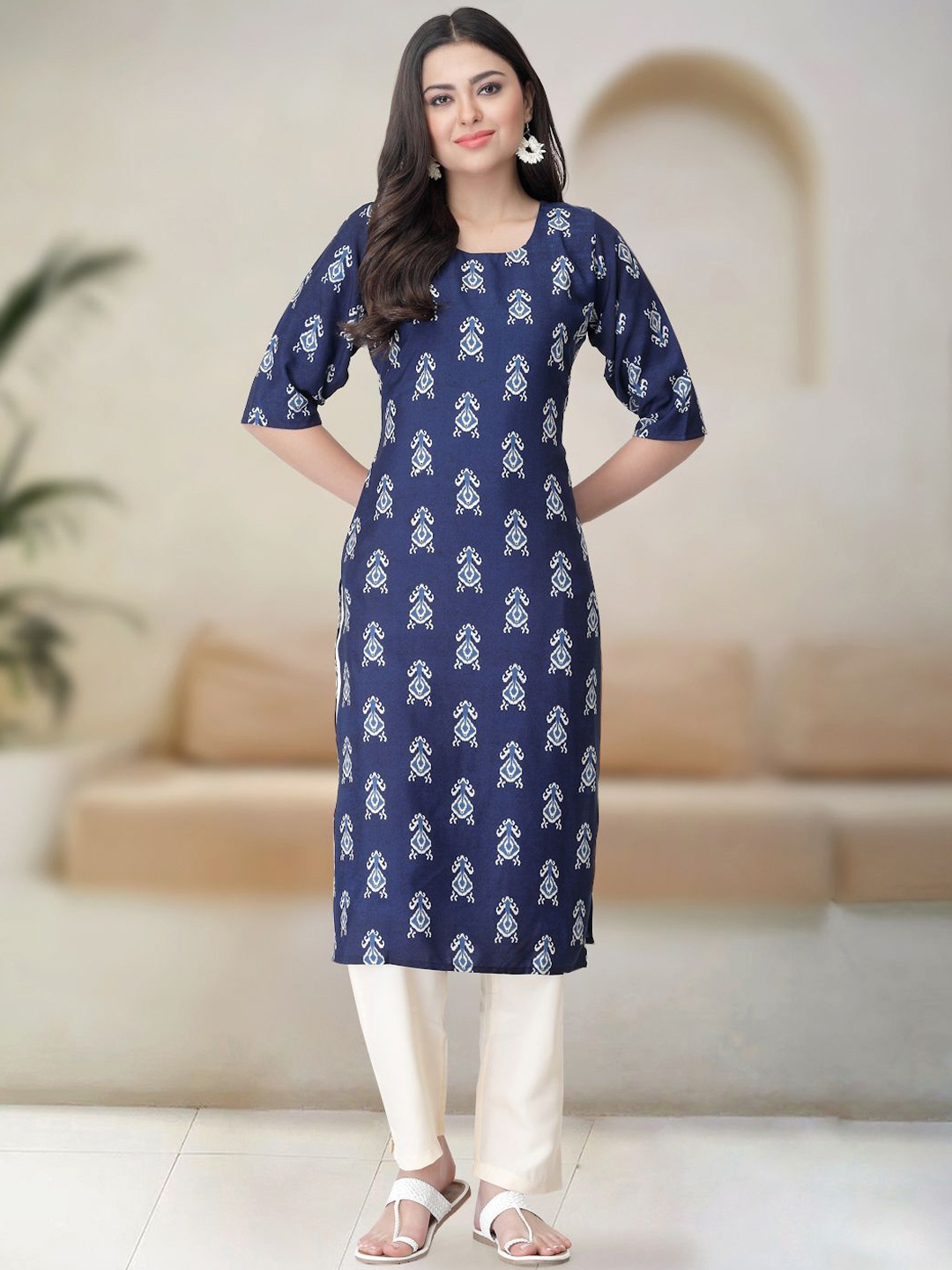 

Moda Rapido Ethnic Motifs Printed Round Neck Straight Kurta With Trousers, Navy blue