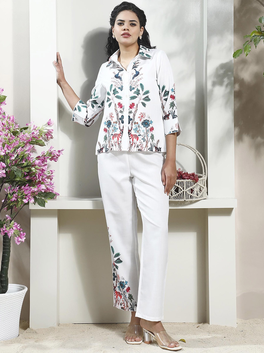 

Boho By Athena Forest Printed Shirt With Trouser Co-Ords, White