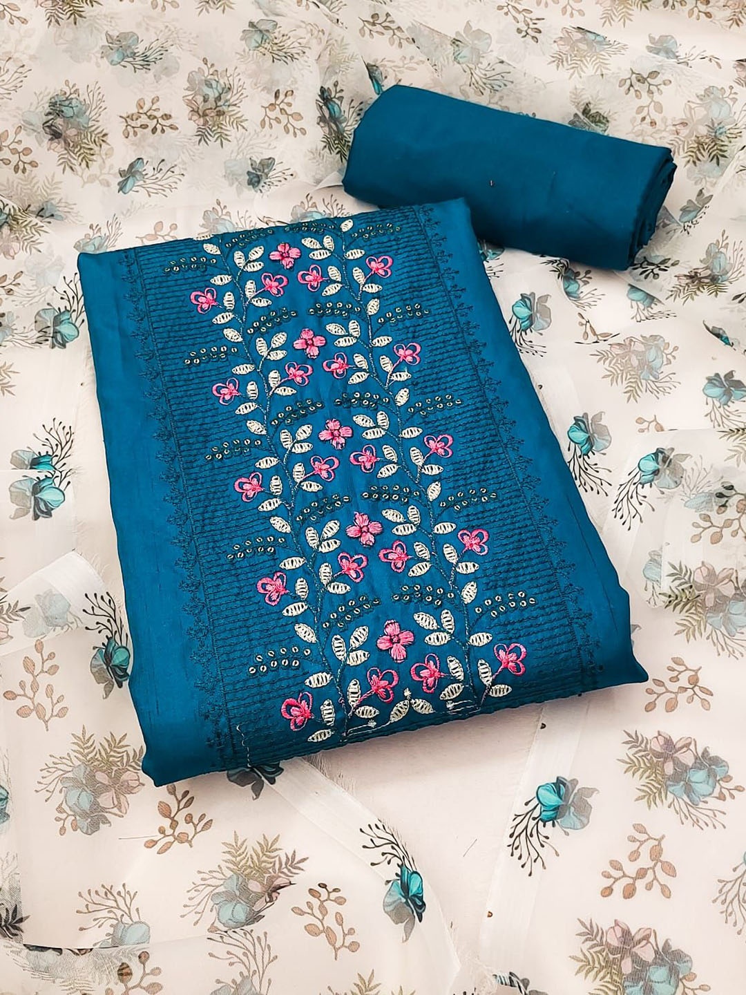 

Rangtulika Ethnics Floral Embroidered Sequinned Unstitched Dress Material, Blue
