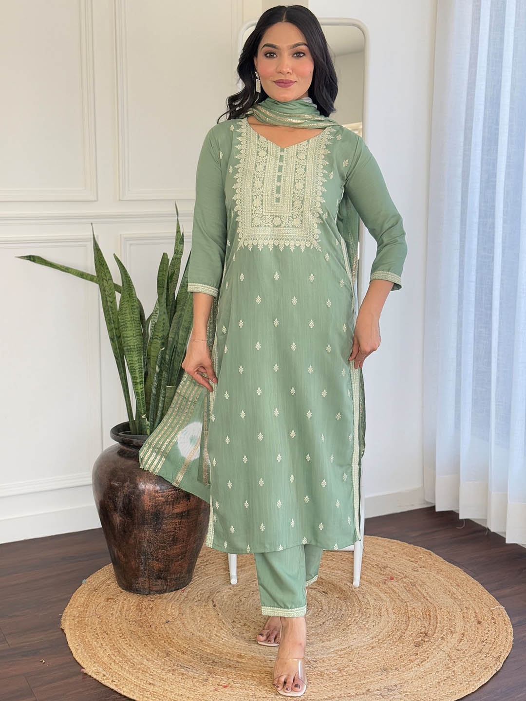 

KALINI Floral Printed V-Neck Straight Kurta With Trousers And Dupatta, Lime green