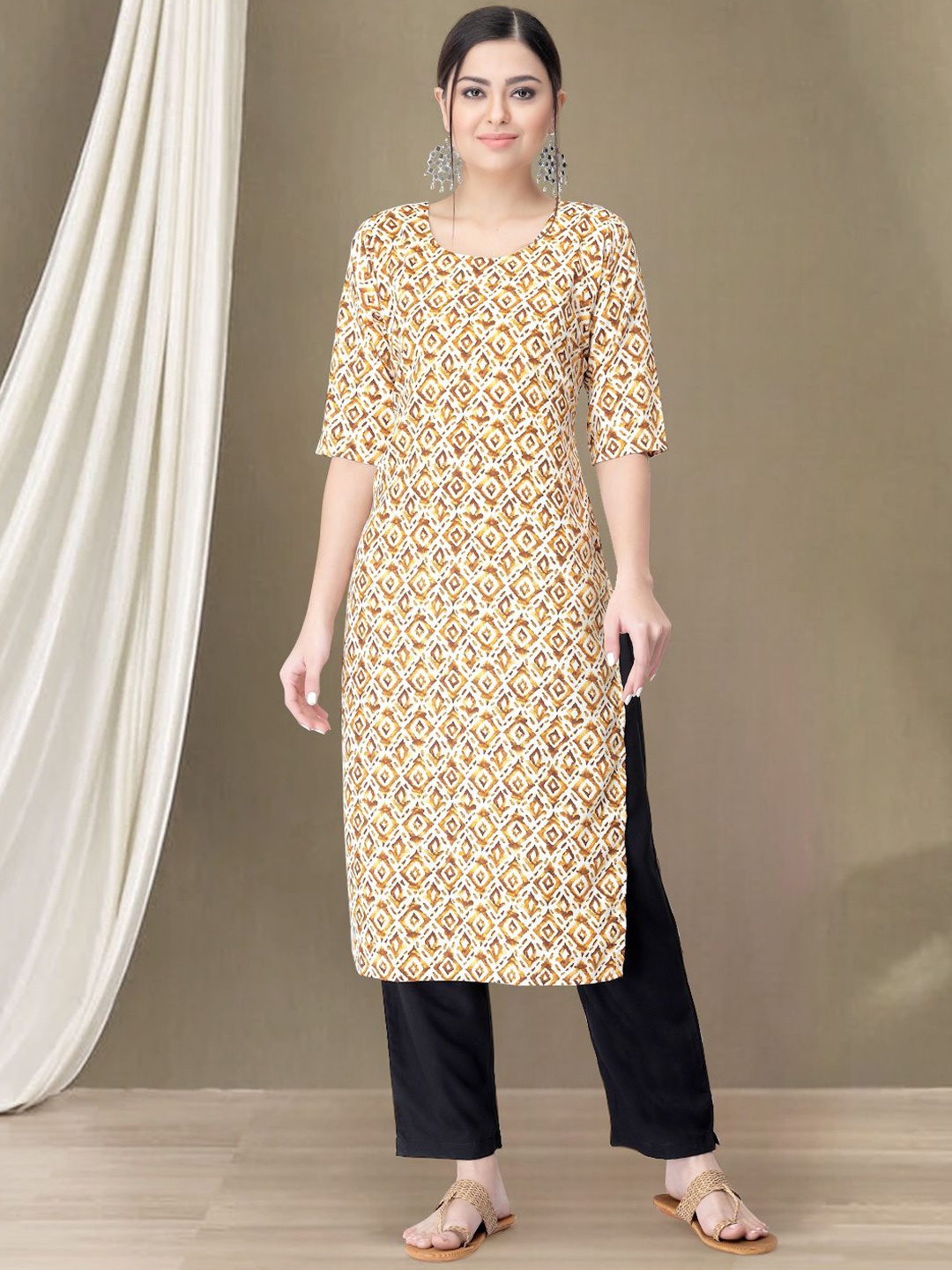 

Moda Rapido Geometric Printed Straight Kurta with Trousers, Beige